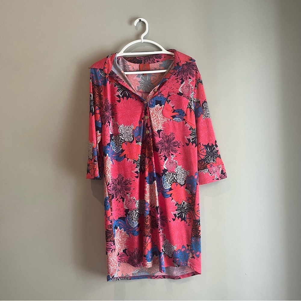 Tracy Negoshian Pink 3/4 sleeve button up dress summer beach casual cover up XL